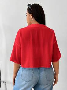 Comfortcana 情人节，大码女式纯色单排扣休闲短款衬衫，秋季 - 紅色 - 查看 6