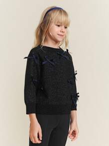 Maija Kids Maija Kids Young Girls' Black Casual Bowknot Decor Crew Neck Long Sleeve Sparkle Sweater, Autumn/Winter, For Christmas - Black - View 4