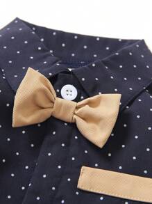 SHEIN Conjunto de 2 piezas para niño bebé con camisa de manga larga con lunares y moño, y pantalones de tirantes estilo caballero, adecuado para ocasiones casuales, formales, fiestas de cumpleaños, Halloween y Navidad
