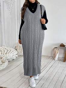 SHEIN LUNE Women's Elegant Commute Daily Sexy Slim Cross Design Shiny Silver Black Stripe Stich Party Gathering V-Neck Autumn Winter Pullover Sweaterbusiness Casual Woman,Holiday Outfits,Country Tops - Light Grey - View 3