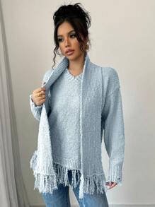 SHEIN Clasi Women Casual Solid Color Scarf With Fringe Pullover Sweater Knit Pullover Fall Winter - Blue - View 4