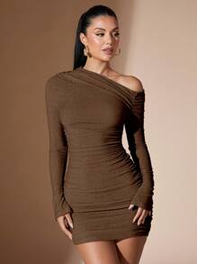 SHEIN BAE Women's Yellow Solid Color Long Sleeve Knitted Slash Shoulder Ruched Bodycon Mini Dress, Autumn/Winter - Coffee Brown - View 6