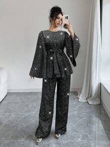 Elenzga Bộ 2 món áo tay loe xếp ly thiết kế đơn giản cho nữ và quần ống rộng - màu đen - Xem 3