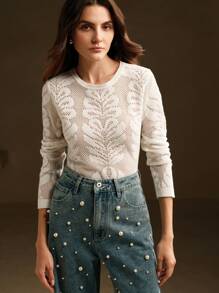 Anewsta Elegant Lace Mesh Floral Hollow See-Through Textured Round Neck Women Knit T-Shirt Undershirt