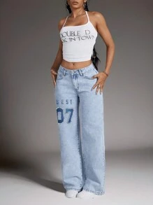 SHEIN EZwear 单面数字印花低腰破洞牛仔阔腿牛仔裤 - 淺色水洗藍 - 查看 3