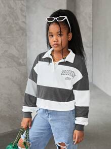 SHEIN Tween Girls Loose Casual Contrast Color Splice Shirt Collar Letter Print Cropped Long Sleeve Sweatshirt