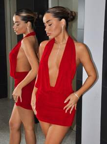 SHEIN ICON Women Mini Y2K New Years V Neck Red  Semi Formal Sexy Party Dresses - Red - View 3