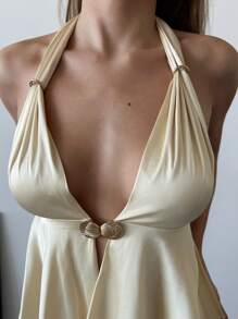 Aloruh Camiseta sin tirantes de satén con hebilla metálica decorativa, atada, de estilo de fiesta, sexy, color champán, para mujer