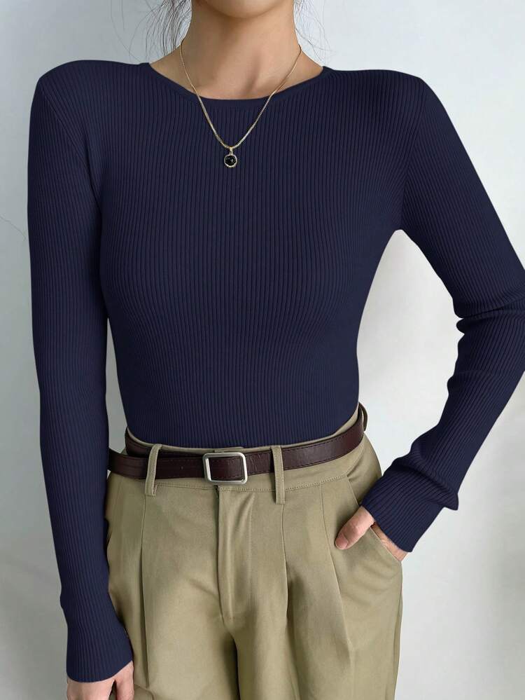 Women Casual Solid Color Slim Fit Pullover Sweater, Versatile Business Style,Fall Women Clothes