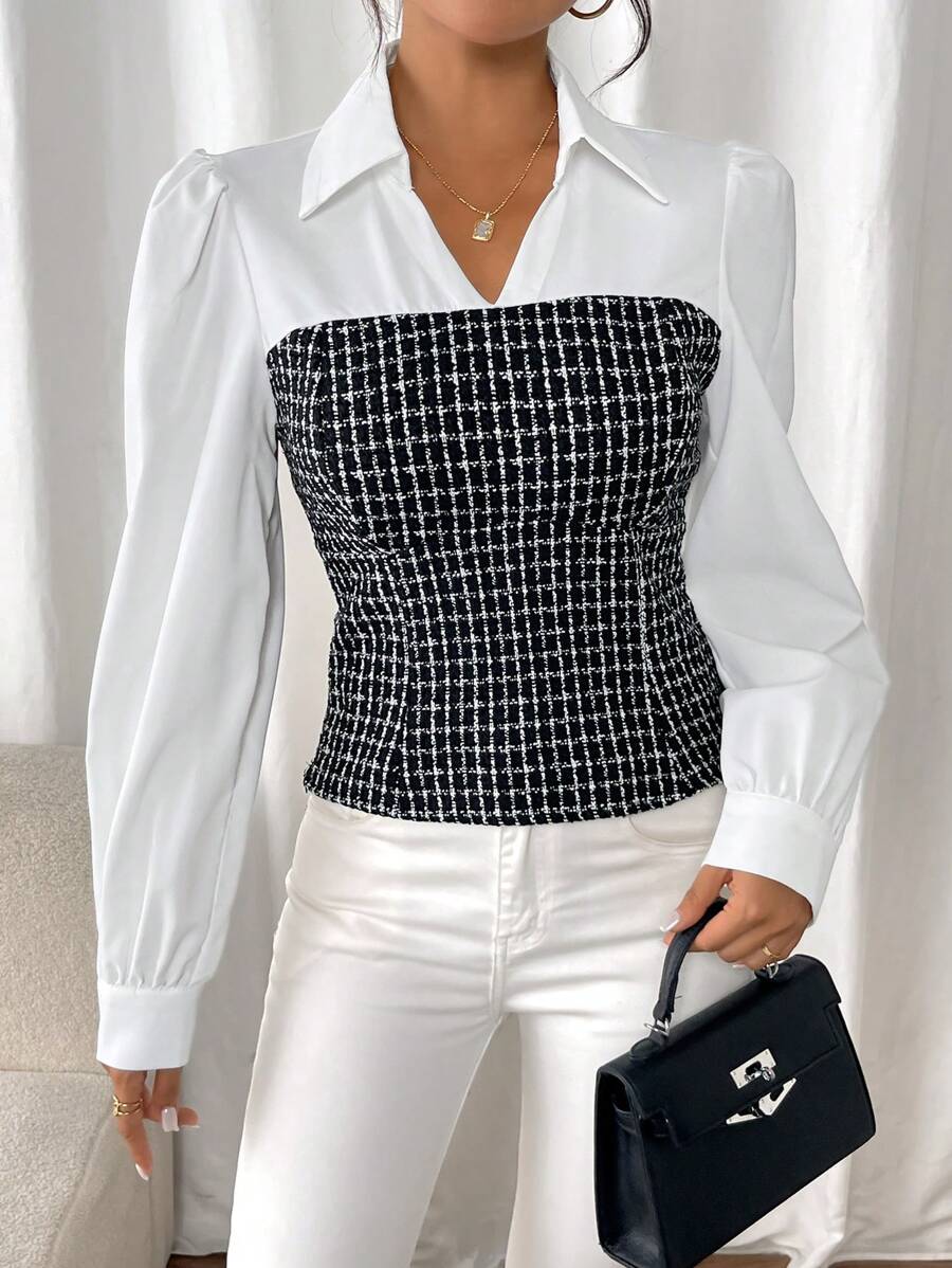 Chiquease 女士优雅领口拼色伪二合一泡泡袖衬衫，春/秋