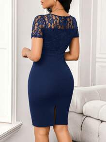 SHEIN Lady 婚礼宾客礼服蕾丝拼接荷叶边女士包臀裙工作聚会女装连衣裙 - 藏蓝色 - 查看 2