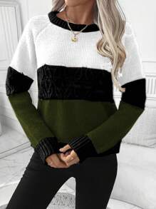 SHEIN LUNE 女士撞色圆领插肩袖宽松休闲毛衣，秋冬针织套头衫 - 彩色 - 查看 7