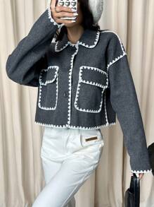 SHEIN EZwear 秋季休闲拼色短款夹克 - 深灰色 - 查看 5