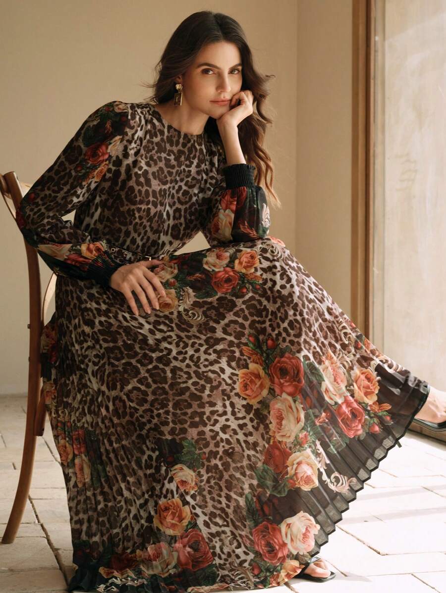 Anewsta Elegant Modern Women's Floral & Leopard Print Pleated Lantern Sleeve Dress, Suitable For New Year Eve - Black - View 1