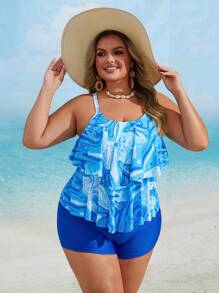 Swim Lushoire Plus Size Wavy Print Tankini Swimwear Set, Suitable For Summer Vacation And Beach - Blue - View 3