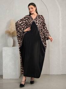 Al Najma 大码女式优雅豹纹拼布宽松长袖阿拉伯连衣裙，秋季，朴素蝴蝶长袍和 Jalabiya，适合休闲日常 - 黑色 - 查看 7