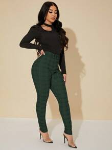 SHEIN SXY Sexy High Waist Glen Plaid Belted Pants - Dark Green - View 3