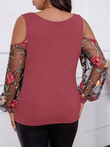 SHEIN Clasi 大码女式休闲插肩袖撞色网眼褶裥衬衫，灯笼袖镂空肩套头衫，情人节