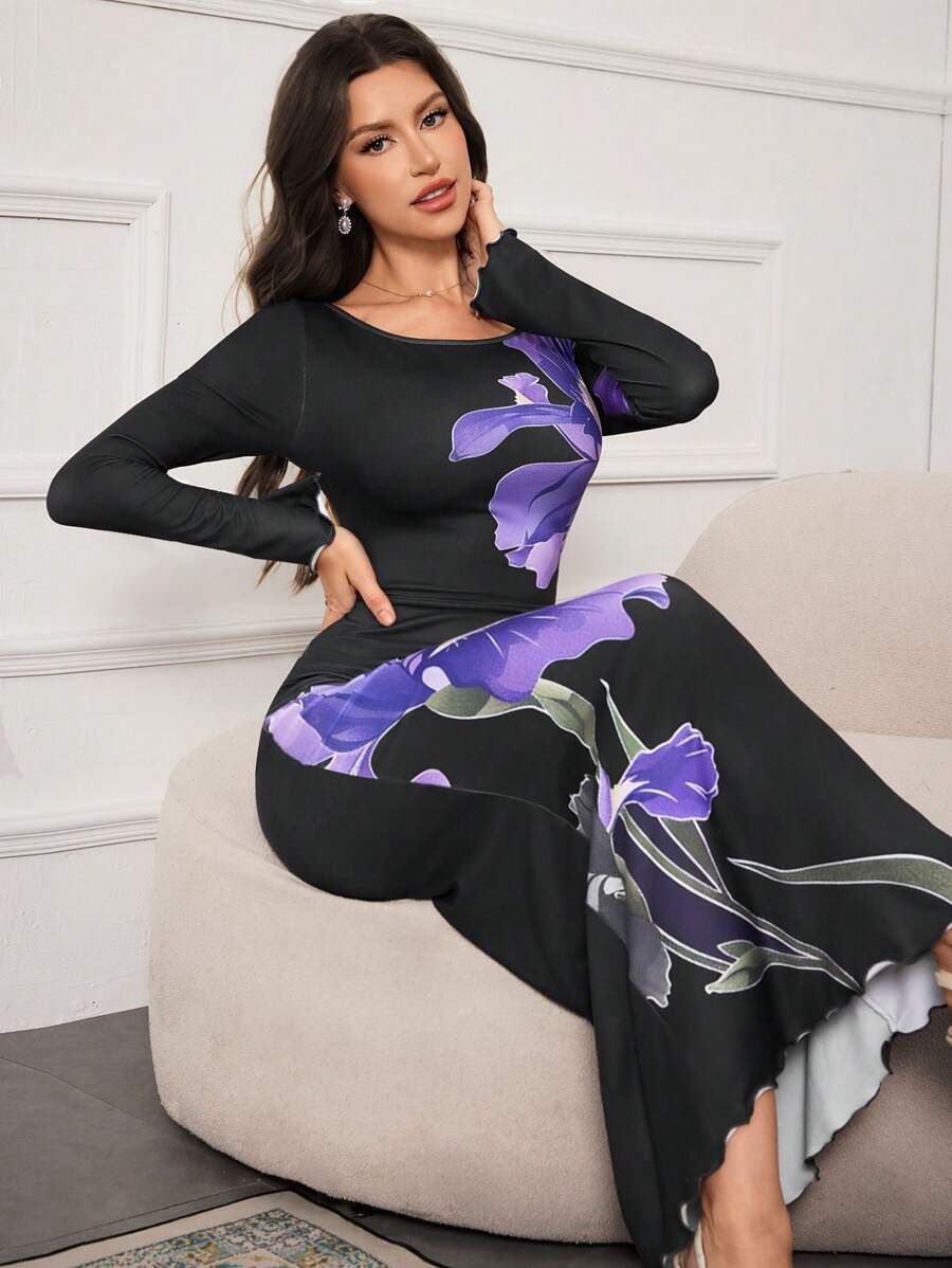 Modelyn 女士花卉印花圆领长袖鱼尾下摆修身优雅连衣裙长款晚礼服 - 黑色 - 查看 1