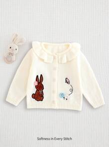 Cozy Pixies Baby Girl Cute Rabbit Applique Crochet Flower Pattern Ruffle Collar Casual Cardigan Sweater, Creamy White - White - View 1