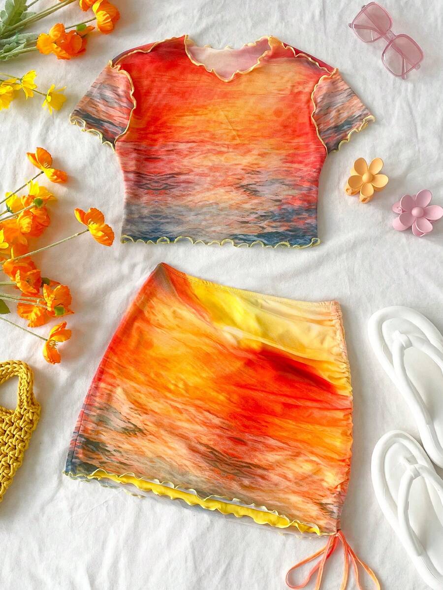 Soleia WYWH 女士度假风格橙色扎染日落印花网眼短款上衣和迷你裙两件套，适合海滩、度假村、音乐节、夏季 - 彩色 - 查看 1