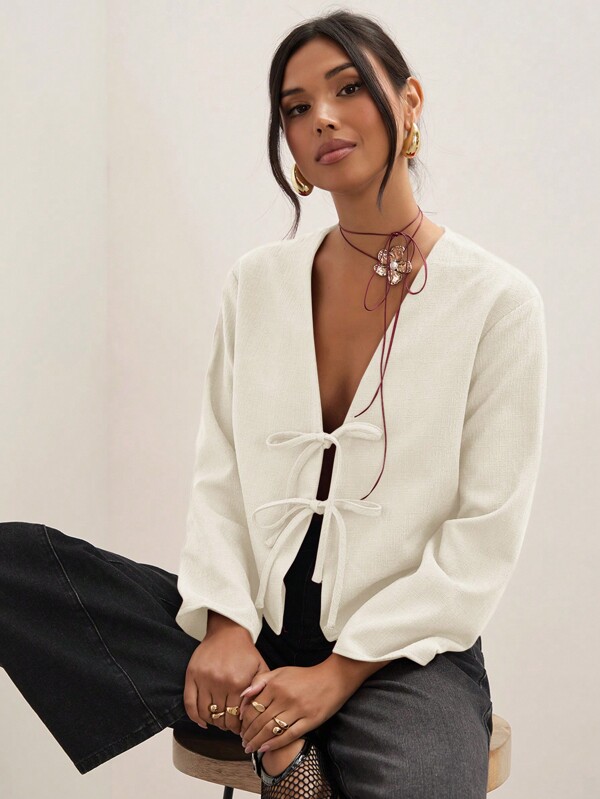 SHEIN X ELOISA & ORSON COSMINA Women's Solid Color Asymmetrical Neck Long Sleeve Bowknot Decor Casual Business Casual Work Shirt, Spring & FAll