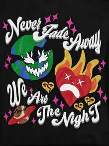 ROMWE MEN Street Life 男士休闲字母与卡通印花长袖连帽运动衫，宽松版型，秋季 - 黑色 - 查看 6