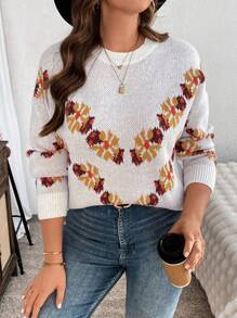 SHEIN LUNE Plus Size Women's Warm Comfortable Casual Western Style Floral Maple Leaf Autumn Pattern Jacquard Round Neck Pullover Autumn Winter Sweaterbusiness Casual Woman,Holiday Outfits,Country Tops