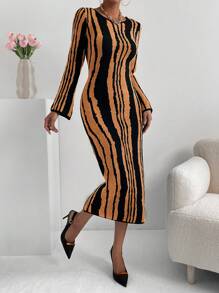 SHEIN Clasi Women Casual Color Block Striped Fitted Knit Sweater Dress, Autumn/Winter Fall Cloth For Women - Multicolor - View 4