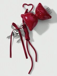 ROMWE Kawaii 1pc Y2K Cute & Stylish Versatile High-Quality Handmade CCC Beaded Silver & Burgundy Ribbon Bow Rhinestone Heart Adjustable Climbing Rope DIY Keychain, Bag Charm - Suitable For Women/Girls, Holiday Gift - Red - View 1