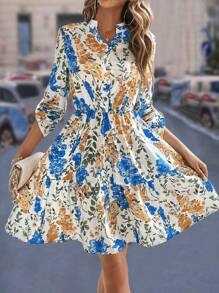 SHEIN Clasi Váy ngắn tay bèo in hoa cổ chữ V hở vai cho kỳ nghỉ của phụ nữ - Nhiều màu - Xem 1