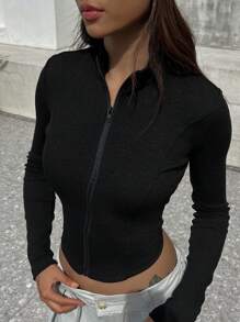 DAZY Áo khoác nữ dáng ngắn màu trơn khóa kéo phía trước nhẹ nhàng - màu đen - Xem 1