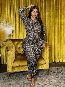 Slaydiva Plus Size Women's Sexy Leopard Print See-Through Bodycon Jumpsuit