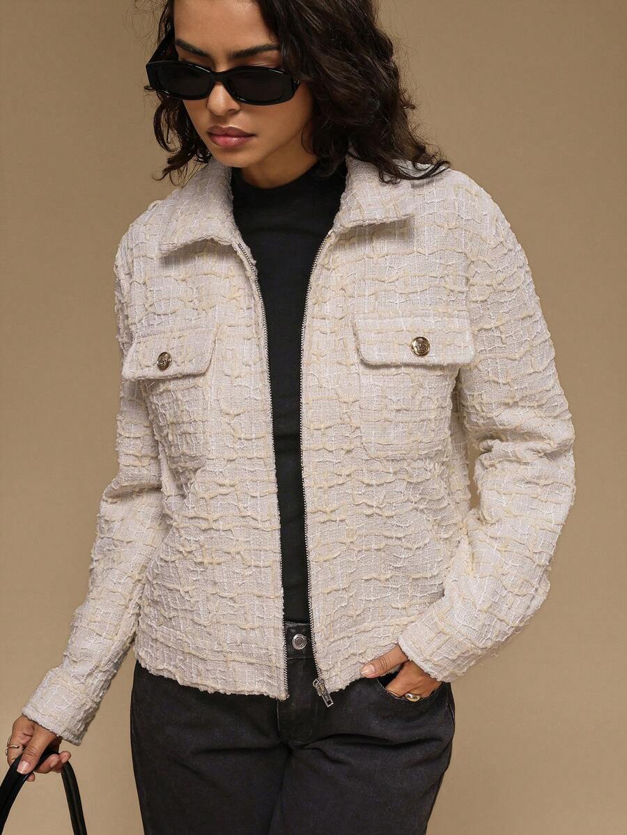 Forever 21 Women Casual Solid Color Textured Regular Jacket, Autumn - White - View 1