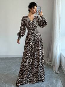 Rafferiza French Leopard Print Woven V-Neck Cross Design Lantern Sleeve Ruffle Drawstring Long Sleeve Autumn/Winter Dress For Women Maxi Women Outfit Fall Cloth For Women - Multicolor - View 5