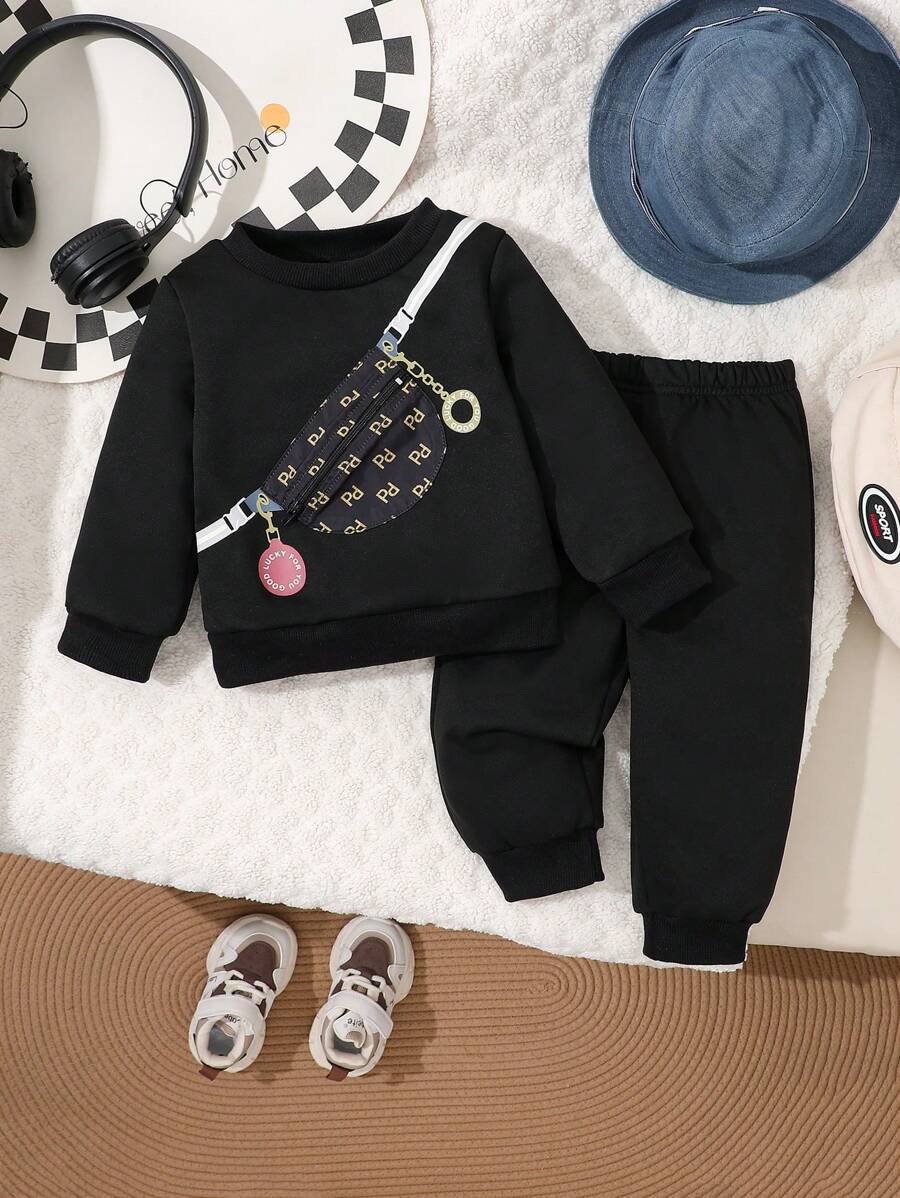 Bộ 2 món/Bộ áo nỉ đen thường ngày cho bé trai có túi in họa tiết và quần dài - màu đen - Xem 1