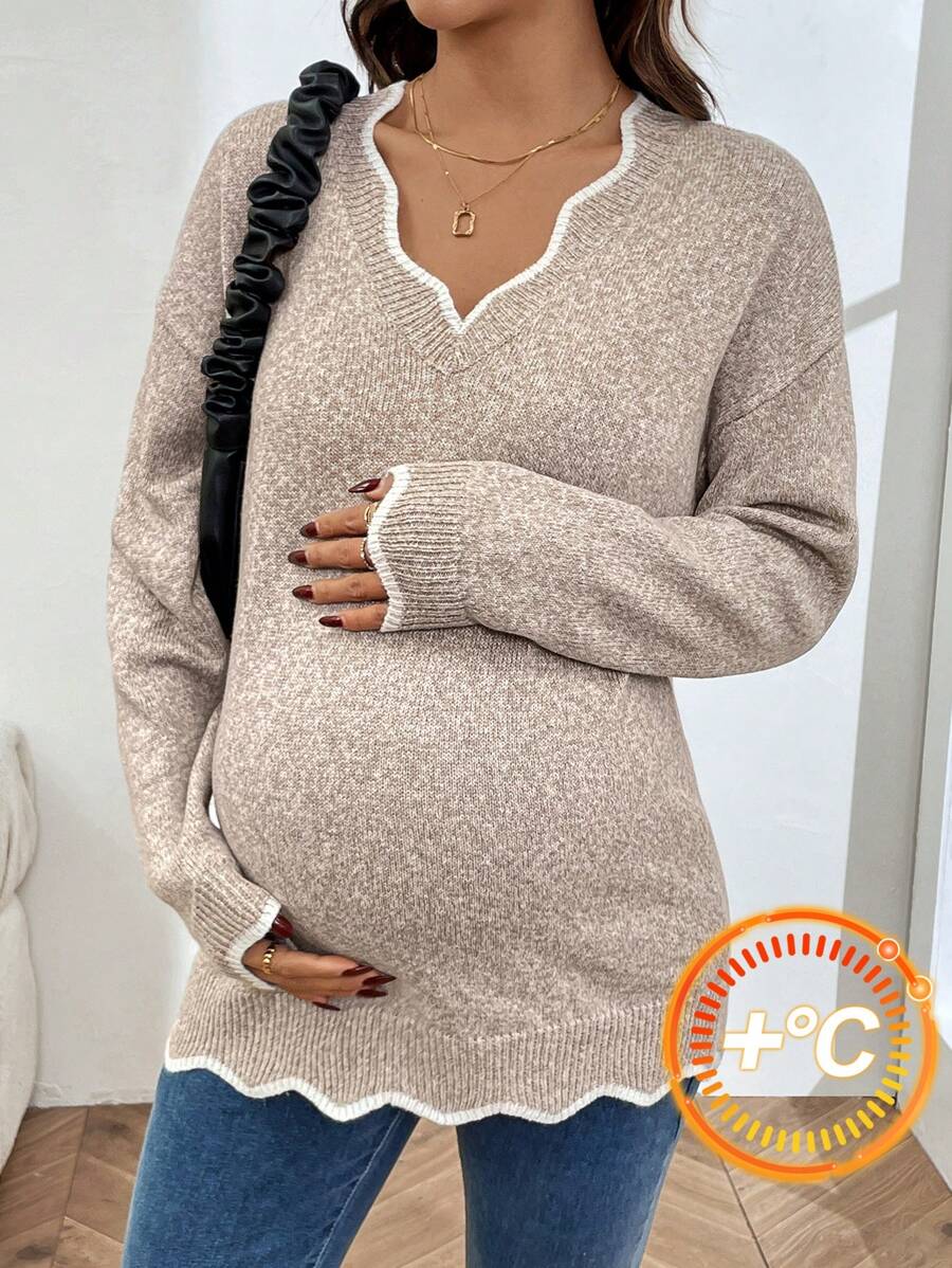 SHEIN Maternity Autumn/Winter Colorblock V-Neck Drop Shoulder Casual Sweater