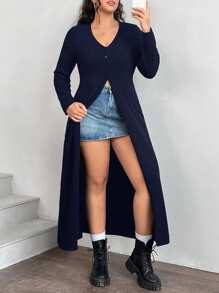 SHEIN EZwear Plus Size Women Long Cardigan With Chic And Stylish Design In Black, Suitable For Autumn/Winter - Navy Blue - View 4