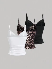 Sweetra Set 3 buc femei cu imprimeu leopard, decolteu în V, camisole, maiouri versatile, Y2K, imprimeu grafic cu ghepard