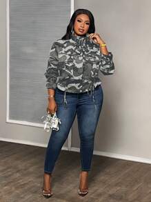 Slaydiva Plus Size Camouflage Print Drawstring Hem Jacket For Dailywear