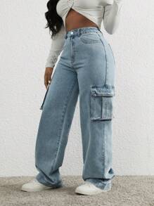 SHEIN Slayr Women's Casual Cargo Pocket High Waist Straight Leg Jeans