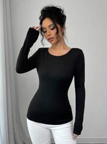 1 pieza Blusa de manga larga con cuello redondo, lazo, espalda descubierta y calado, de color liso - Negro - Ver 7