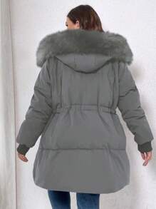 Calvaya Plus Size Women Solid Color Long Sleeve Drawstring Waist Fluffy Hooded Padded Padded Coat For Winter Clothes - Grey - View 2