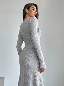 SHEIN Privé Women Elegant Warm Asymmetrical Ruffled Collar And Hem Textured Knit Long Dress ,Solid Color  Casual For Everyday Wear,Autumn&Winter