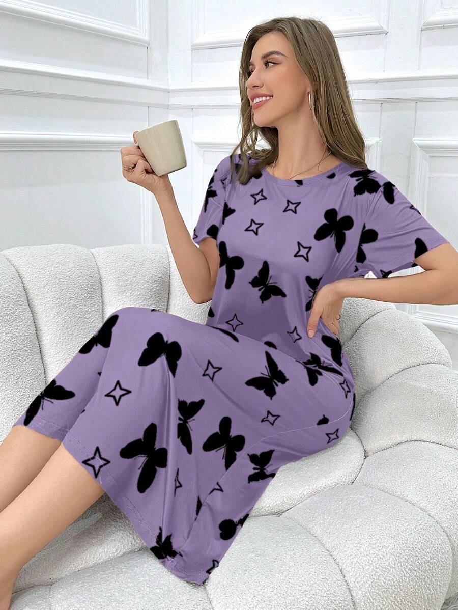 蝴蝶印花时尚女士短袖睡袍，Moo Moo