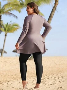 Swim Mulvari Plus Size Long Sleeve Two-Piece Tankini Swimsuit Set Summer - Multicolor - View 2
