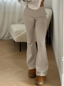 Aloruh 极简主义通勤与家居服杏色高腰紧身喇叭女式针织裤