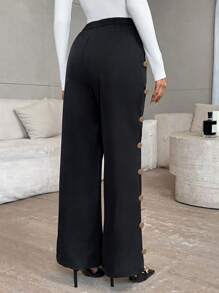Firerie Women's Casual Everyday Button Decor Slant Pocket Wide Leg Pants, Spring/Autumn - Black - View 2