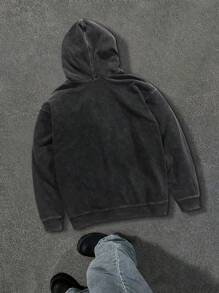 Manfinity EMRG 男士纯棉超大款复古水洗酸洗连帽卫衣，男士连帽衫，秋季男装，万圣节服装 - 黑色 - 查看 2
