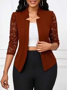 SHEIN Lady Áo khoác ren chắp vá thanh lịch dành cho nữ thường ngày/công sở - màu nâu - Xem 4